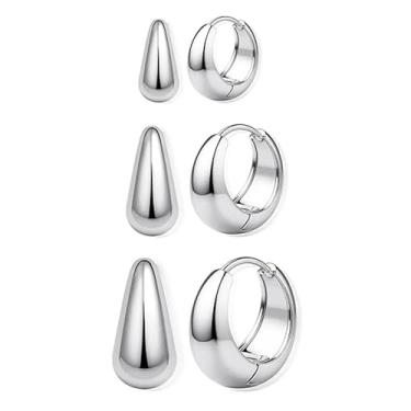 Imagem de Conjunto de 3 pares de brincos de argola de ouro para mulheres, brincos de prata grossos, preenchidos com ouro 14K, pequeno, pequeno, pequeno, pequeno, dourado, moderno e grosso, standard, Metal, Sem