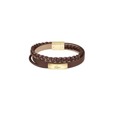 Imagem de Lacoste Pulseira masculina Fusion de couro multicamadas – Design envolvente com texturas trançadas, lisas e tubulares – Acessório de moda – Presente de joia para ele, standard, Couro, Sem Pedra