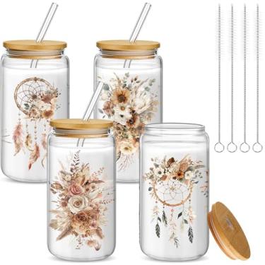 Imagem de Mumufy Presente para mulheres copo de vidro fofo copo flor gelado canecas de café 473 ml vidro com tampa de bambu e canudo, presente de aniversário de dia das mães para mãe irmã dama de honra chá de