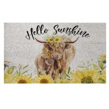 Imagem de ISANOU Hello Sunshine Tapete de porta de boas-vindas, aquarela, highland, vaca, girassol, tapete externo, capacho antiderrapante para casa de fazenda, entrada interna e externa, 76 x 43 cm