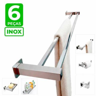 Imagem de Toalheiro Duplo Inox 60cm Kit Acessórios Banheiro 6 Peças - Decora