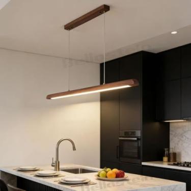Imagem de Luminária pendente linear de LED, iluminação para ilha de cozinha, luminária pendente moderna de madeira com LED, dimerizável e ajustável, com controle remoto para sala de jantar, decoração