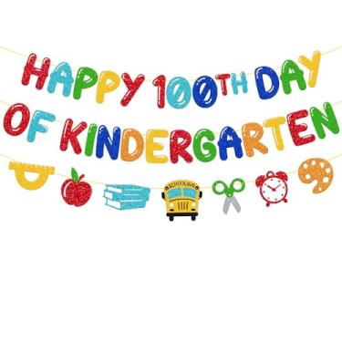 Imagem de Banner Happy 100th Day of Kindergarten 100 dias de decoração de festa escolar para celebrar crianças sala de aula 100º dia de escola suprimentos de festa coloridos