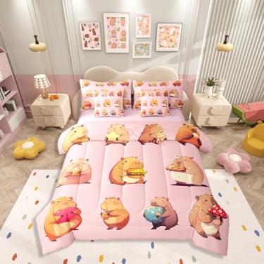 Imagem de Erosebridal Jogo de cama solteiro engraçado capivaras 7 peças, cama amante capivara em uma bolsa, conjunto de cama de roedores de desenho animado inclui edredom, conjunto de lençóis, fronhas e fronhas