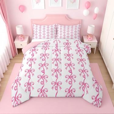 Imagem de Erosebridal Conjunto de edredom King com laço rosa para meninas | Conjunto de cama com gravata borboleta de fita rosa para crianças e mulheres, colcha listrada fofa, laço coquete, decoração de quarto