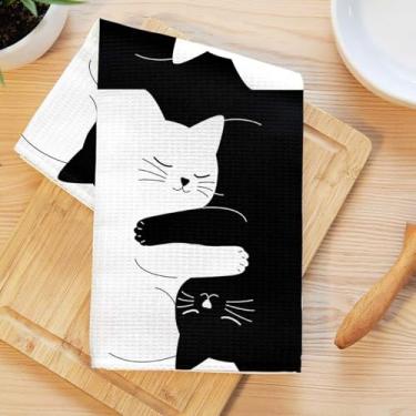 Imagem de Toalhas de cozinha Cat Hug, pano de prato de microfibra absorvente decorativo criativo toalha de chá, toalhas de mão de trama waffle para casa de banho, cozinha, presentes para amantes de gatos