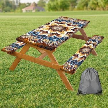 Imagem de Capa de mesa de piquenique, 76 x 182 cm, 3 peças, estampa de mosaico artístico boêmio, tecido de poliéster resistente à água, suporte retangular com bordas elásticas para acampamento ao ar livre e