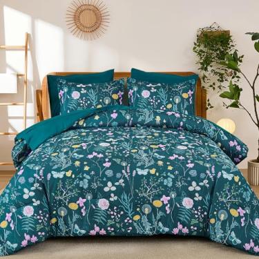 Imagem de Yiran Conjunto de edredom king azul-petróleo, floral, botânico, 7 peças, cama de fazenda em um saco, conjunto completo de microfibra macia com lençóis para todas as estações