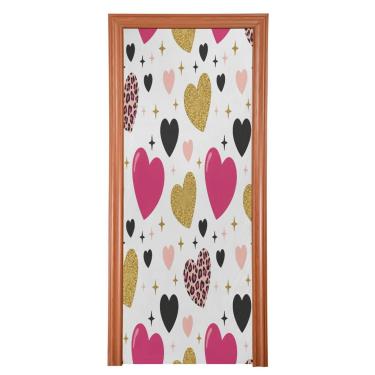 Imagem de ATTX Capa de porta frontal com corações pequenos de leopardo - decoração de férias de tecido elástico lavável para festas, casa, decoração de porta da frente, 36 x 98 polegadas (355)