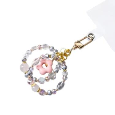 Imagem de Berloque de telefone de cristal e pedra preciosa com anel de ouro, acessório de contas rosa pastel, azul, roxo, enfeite de flor, corrente de telefone faça você mesmo, design de flor rosa
