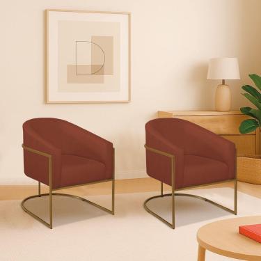 Imagem de Kit 2 Poltronas Decorativa Jade Moderno Escritório Confortável Luxo Base De Ferro Dourado Bouclé Cor Terracota