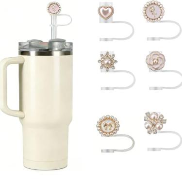 Imagem de Decoração de topo de palha de pérola sintética - Capas de palha de pérola brilhante e cristal, acessórios de bebida reutilizáveis para copos Stanley/Yeti e uso diário