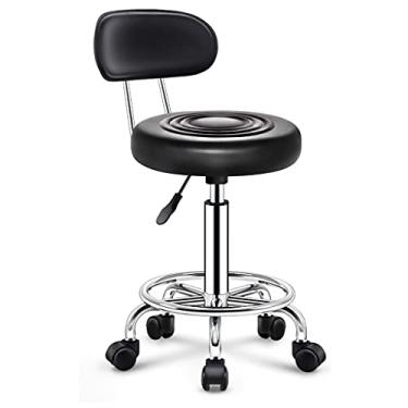 Imagem de Banqueta de couro PU com almofada para as costas, banqueta giratória de altura ajustável, cadeiras de balcão de cozinha de escritório cadeiras de esboço de loja com rodas apoio para os pés preto