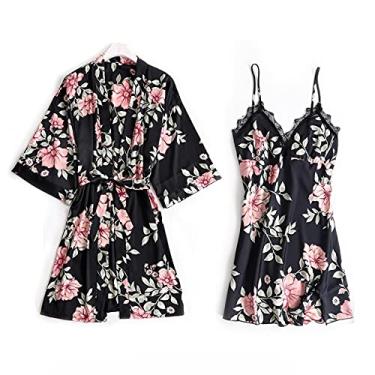 Imagem de HHHJQFAAT Pijama feminino 3 peças floral acabamento em renda cetim conjunto de pijama com roupão decote em V vestido de dormir G azul marinho-B (preto e)