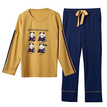 Imagem de HHHJQFAAT Pijama feminino de outono conjunto de pijamas longos + calças compridas 2 pçs/conjunto de pijamas de desenho animado tamanho grande feminino pijama (amarelo 2X)