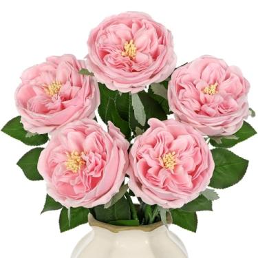 Imagem de 5 peças peônias de toque real flores artificiais rosas de Austin 60 cm de comprimento para decoração de látex rosa peônia para vaso casamento dia dos namorados festa arranjo decoração de casa - rosa