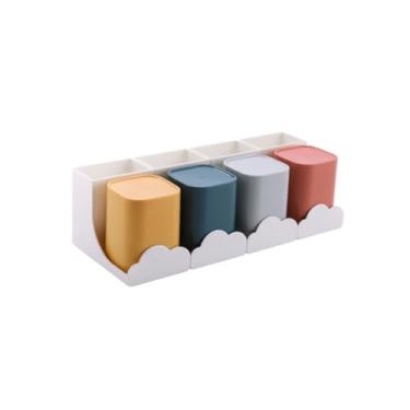 Imagem de Suporte de escova de dentes branco suporte de escova de dentes, suporte de pasta de dente para três ou quatro pessoas, rack de armazenamento de espaço multi-armazenamento com copos coloridos rack de
