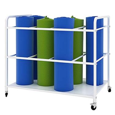 Imagem de SGeneE Cesta de suporte de tapete de ioga - comporta 9 tapetes, carrinho de armazenamento de tapete de ioga de metal com rodas, suporte organizador de tapete de ioga para casa/sala de ioga, branco