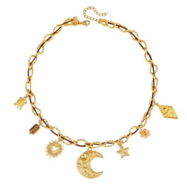 Imagem de Colar com pingente de sol, estrela-do-mar, pérola, coração, tartaruga, sol, dopamina, aço inoxidável, clavícula, joia banhada a ouro