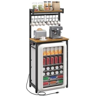 Imagem de YATINEY Suporte para mini geladeira com tomada, suporte de micro-ondas de 3 níveis, rack de padeiro com armazenamento, estação de café com 8 ganchos, rack de armazenamento de cozinha para cozinha