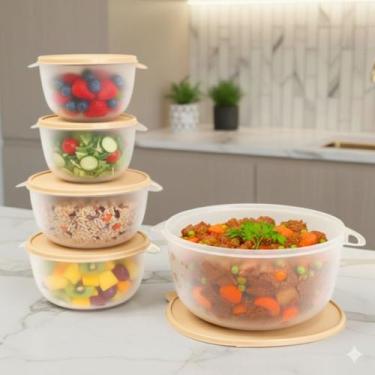Imagem de Kit 5 Potes Plastico Redondos Bowl Livre Bpa Cor:BEGE TRANSP - Casa Be