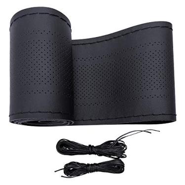 Imagem de Carodi Capa de volante de couro, design respirável antiderrapante, sensação macia e confortável, costura universal para volante automotivo de 38 cm (tamanho M, preto)