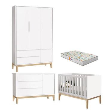 Imagem de Quarto de Bebê 3 Portas New Classic Branco com Pés Madeira Natural e Colchão Gazin - Reller 