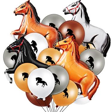 Imagem de Conjunto de 44 balões de cavalo incluindo balão de látex impresso de cavalo de 30 cm, balão de festa de cavalo de 76 cm, para festa de aniversário de balão com tema de cavalo, caubói (preto, branco, marrom escuro, marrom-claro, cinza)