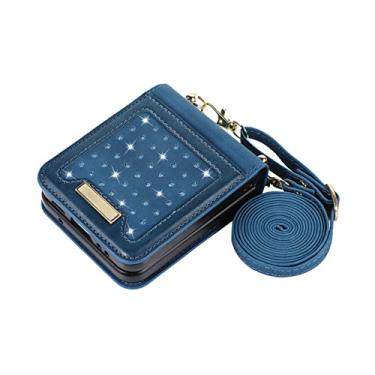 Imagem de Capa de celular Bling Glitter Crossbody para Samsung Galaxy Z Flip 4 3 5G Flip4 Flip3 Slot para cartões de crédito Capa de couro com cordão, azul, para Galaxy Z Flip3 5G