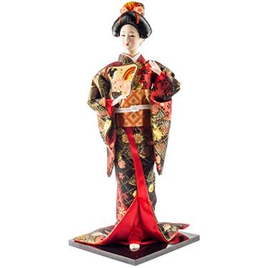Imagem de Boneca Japonesa Gueixa Grande Artesanal com Kimono Preto e Vermelho Leque - 43cm