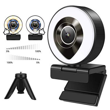 Imagem de Webcam 1080p com microfone, HD USB Streaming Web Camera com LED Ring Light Dimerização contínua, controle de toque, foco automático, webcam para PC Mac Laptop YouTube Zoom Skype Facetime