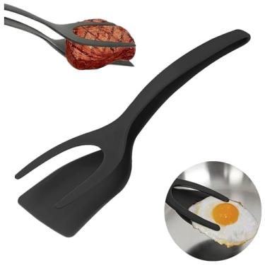 Imagem de LixronVL Pinça de espátula 2 em 1, espátula de ovo flipper, espátula e pinça, panqueca de peixe, torrada francesa, omelete para cozinha doméstica (preto)
