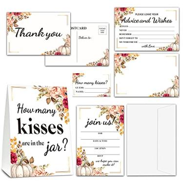 Imagem de Conjunto de convite de chá de panela - Decorações de casamento florais borgonha - Abóbora de Ação de Graças de outono 1 placa de quantos beijos e 25 cartões de adivinhação, 25 cartões de conselhos e