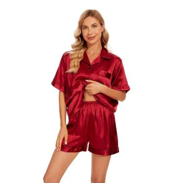 Imagem de Pijama de seda feminino manga curta conjunto de pijama de duas peças pijama loungewear abotoado conjuntos G vermelho, Vermelho, G