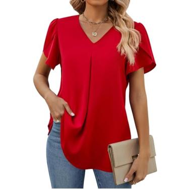 Imagem de Funlingo Blusas femininas de verão de manga curta de chiffon elegantes com decote em V, túnica de trabalho, camisetas casuais soltas, Vermelho, 4G