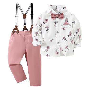 Imagem de nilikastta Roupas para meninos, camisa social com gravata borboleta + calça suspensória, roupas de casamento para cavalheiros de 6 a 10 anos, rosa, 5-6 Anos