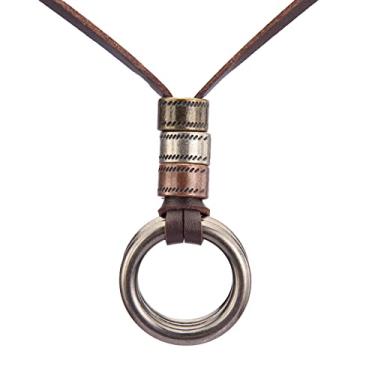Imagem de AZORA Colar com pingente de vários anéis de cor bronze feito à mão, estilo boho, longo, de couro, para mulheres, Couro, Sem Pedra Preciosa