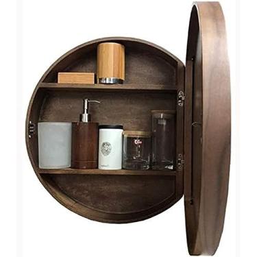 Imagem de Armários de espelho de banheiro de madeira maciça, espelho de parede redondo - espelho de vaidade com função de armazenamento, espelho deslizante montado na parede de banheiro, espelho grand