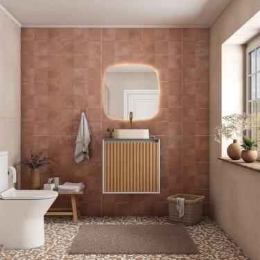 Imagem de Gabinete para Banheiro Ripado com Tampo de Vidro Nude/Jequitiba