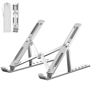 Imagem de Suporte para Notebook e Tablet em Alumínio Resistente Apoio Mesa em Metal Articulado Dobrável Ajustável com Altura Regulável Portátil Base para Laptop (PRATA)