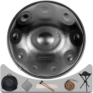 Imagem de Eavnbaek Advanced Adult Handpan – Tambor de aço curdo menor, de 55 cm, 22 polegadas, 10 notas, 440 Hz, com bolsa macia, marretas, suporte e pano livre de poeira (preto)