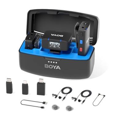Imagem de Microfone de lapela MIC sem fio BOYA para câmera de smartphone Android iPhone, gravação integrada, alcance de 656 pés, bateria de 10 horas, microfone de lapela com clipe sem fio
