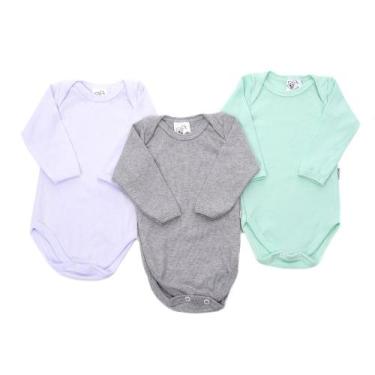Imagem de Body Roupa Infantil De Bebê Canelado Manga Longa Kit 3 Peças - Rizzico