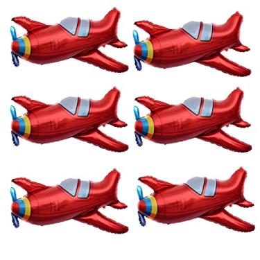 Imagem de 6 peças grande avião vermelho helicóptero avião folha balão aviador aventura tema decoração de festa de aniversário avião balões de alumínio avião avião voando balões em forma de balão decoração de