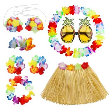 Imagem de PHOGARY Kit de acessórios para fantasia de saia Hula com 8 peças, vestido de festa luau para meninas, conjunto de saia dançante havaiana de 40 cm, Dourado, One Size