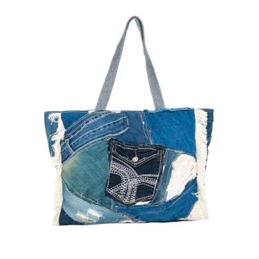 Imagem de Back From Bali Bolsa feminina de brim com bolso patchwork, clássica, leve, ombro boho, bolsa, Patchwork jeans, Medium