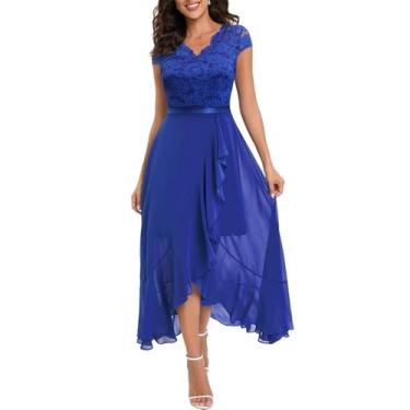 Imagem de Vestido longo de malha casual com decote em V e renda rodada, vestido longo de manga curta, vestido maxi para madrinha de casamento, Azul, P