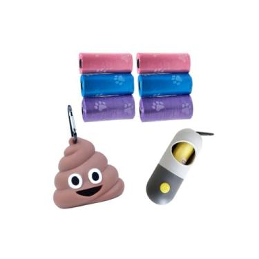 Imagem de Kit com 6 Refil Rolo de Sacos de lixo Pet Cata Caca + Porta Saquinhos Coletor de Emoji de Cocô + de Lanterna LED para passeio noturno !