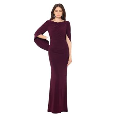 Imagem de Betsy & Adam Vestido feminino longo elástico manga 3/4 gola drapeada nas costas, Vinho, 42