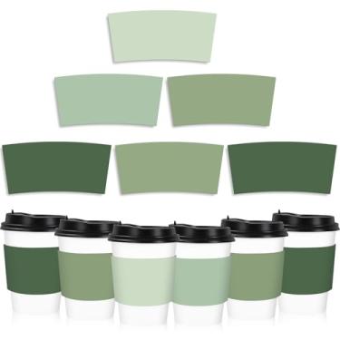 Imagem de Whaline 100 peças de mangas de xícara de café verde sálvia 4 cores verdes gradientes mangas de papel ondulado para chocolate quente cacau bebida fria, adequada para copos de calibre de 9,5 cm
